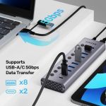 Unitek H1315B01-US 10 Port Individual Switches Hub 8-Port USB-A and 2-Port USB-C Space Grey