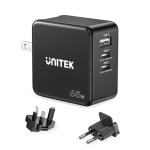 Unitek P1117B 65W GaN Charger (2*USB-C PD + USB-A QC3.0) with US/UK/EU Plugs Black